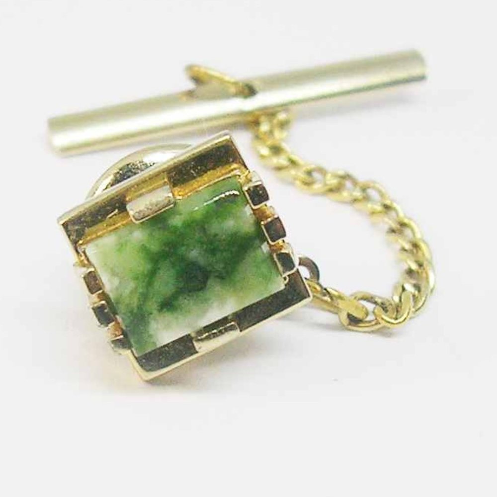 Vintage Tie Tack genuine Jade Stone Swank Tie Pin with Chain Men Formal Wear